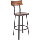 English Elm Commercial Grade Series Restaurant Barstool with Wood Seat & Back and Gray Powder Coat Frame