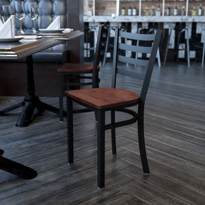 English Elm Commercial Grade Series Black Ladder Back Metal Restaurant Chair - Cherry Wood Seat