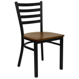 English Elm Commercial Grade Series Black Ladder Back Metal Restaurant Chair - Cherry Wood Seat