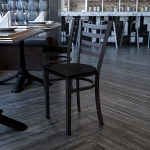 English Elm Commercial Grade Series Black Ladder Back Metal Restaurant Chair - Mahogany Wood Seat