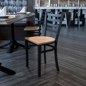 English Elm Commercial Grade Series Black Ladder Back Metal Restaurant Chair - Wood Seat