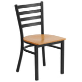 English Elm Commercial Grade Series Black Ladder Back Metal Restaurant Chair - Wood Seat