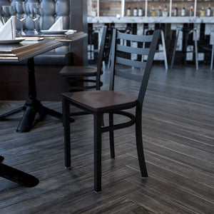 English Elm Commercial Grade Series Black Ladder Back Metal Restaurant Chair - Walnut Wood Seat