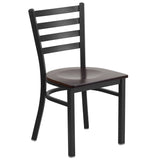 English Elm Commercial Grade Series Black Ladder Back Metal Restaurant Chair - Walnut Wood Seat