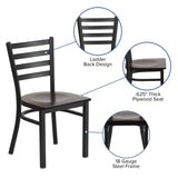 English Elm Commercial Grade Series Black Ladder Back Metal Restaurant Chair - Walnut Wood Seat