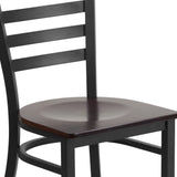 English Elm Commercial Grade Series Black Ladder Back Metal Restaurant Chair - Walnut Wood Seat