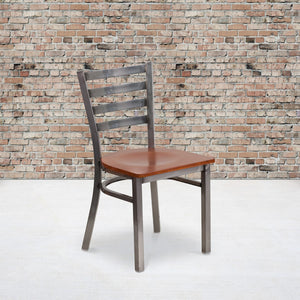 English Elm Commercial Grade Series Clear Coated Ladder Back Metal Restaurant Chair - Cherry Wood Seat