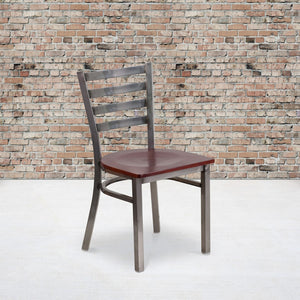 English Elm Commercial Grade Series Clear Coated Ladder Back Metal Restaurant Chair - Mahogany Wood Seat