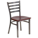 English Elm Commercial Grade Series Clear Coated Ladder Back Metal Restaurant Chair - Mahogany Wood Seat