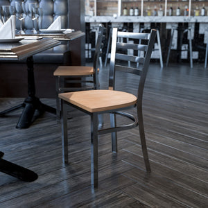 English Elm Commercial Grade Series Clear Coated Ladder Back Metal Restaurant Chair - Wood Seat