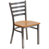 English Elm Commercial Grade Series Clear Coated Ladder Back Metal Restaurant Chair - Wood Seat