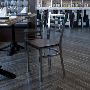 English Elm Commercial Grade Series Clear Coated Ladder Back Metal Restaurant Chair - Walnut Wood Seat