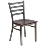 English Elm Commercial Grade Series Clear Coated Ladder Back Metal Restaurant Chair - Walnut Wood Seat