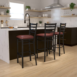 English Elm Commercial Grade Series Black Ladder Back Metal Restaurant Barstool - Vinyl Seat