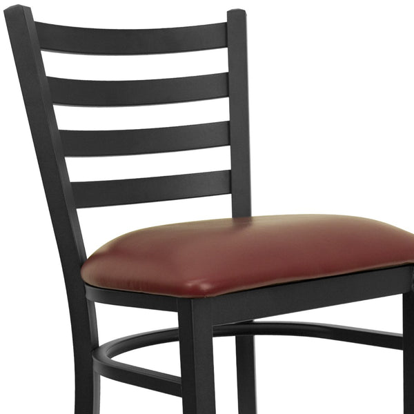 English Elm Commercial Grade Series Black Ladder Back Metal Restaurant Barstool - Vinyl Seat