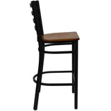 English Elm Commercial Grade Series Black Ladder Back Metal Restaurant Barstool - Cherry Wood Seat