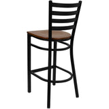 English Elm Commercial Grade Series Black Ladder Back Metal Restaurant Barstool - Cherry Wood Seat