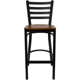 English Elm Commercial Grade Series Black Ladder Back Metal Restaurant Barstool - Cherry Wood Seat