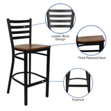 English Elm Commercial Grade Series Black Ladder Back Metal Restaurant Barstool - Cherry Wood Seat