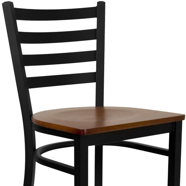 English Elm Commercial Grade Series Black Ladder Back Metal Restaurant Barstool - Cherry Wood Seat