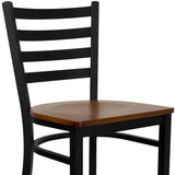 English Elm Commercial Grade Series Black Ladder Back Metal Restaurant Barstool - Cherry Wood Seat