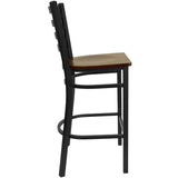 English Elm Commercial Grade Series Black Ladder Back Metal Restaurant Barstool - Mahogany Wood Seat