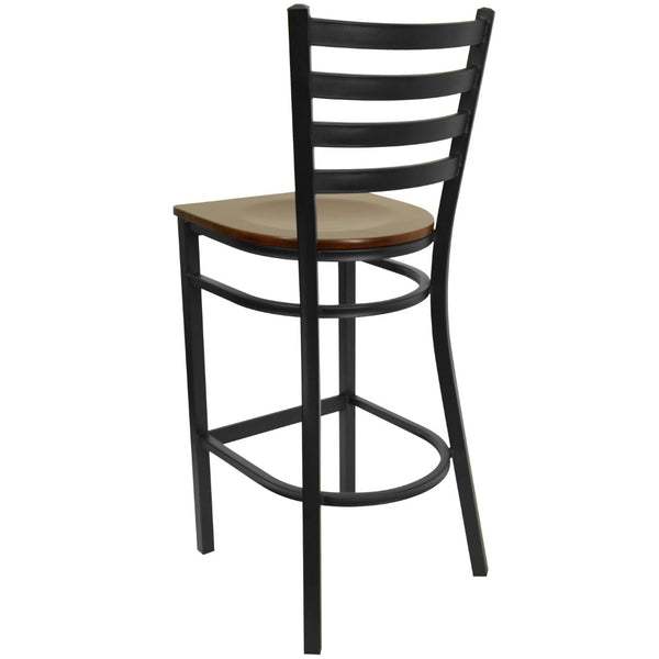 English Elm Commercial Grade Series Black Ladder Back Metal Restaurant Barstool - Mahogany Wood Seat