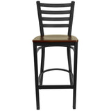 English Elm Commercial Grade Series Black Ladder Back Metal Restaurant Barstool - Mahogany Wood Seat