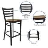 English Elm Commercial Grade Series Black Ladder Back Metal Restaurant Barstool - Mahogany Wood Seat