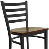 English Elm Commercial Grade Series Black Ladder Back Metal Restaurant Barstool - Mahogany Wood Seat