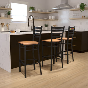 English Elm Commercial Grade Series Black Ladder Back Metal Restaurant Barstool - Wood Seat