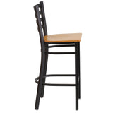 English Elm Commercial Grade Series Black Ladder Back Metal Restaurant Barstool - Wood Seat