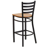 English Elm Commercial Grade Series Black Ladder Back Metal Restaurant Barstool - Wood Seat