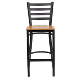 English Elm Commercial Grade Series Black Ladder Back Metal Restaurant Barstool - Wood Seat