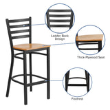 English Elm Commercial Grade Series Black Ladder Back Metal Restaurant Barstool - Wood Seat