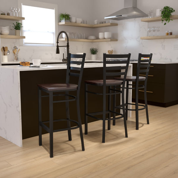 English Elm Commercial Grade Series Black Ladder Back Metal Restaurant Barstool - Walnut Wood Seat