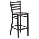 English Elm Commercial Grade Series Black Ladder Back Metal Restaurant Barstool - Walnut Wood Seat