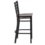 English Elm Commercial Grade Series Black Ladder Back Metal Restaurant Barstool - Walnut Wood Seat