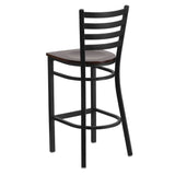 English Elm Commercial Grade Series Black Ladder Back Metal Restaurant Barstool - Walnut Wood Seat