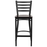 English Elm Commercial Grade Series Black Ladder Back Metal Restaurant Barstool - Walnut Wood Seat