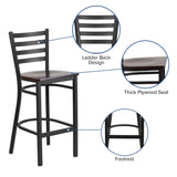 English Elm Commercial Grade Series Black Ladder Back Metal Restaurant Barstool - Walnut Wood Seat