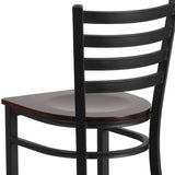 English Elm Commercial Grade Series Black Ladder Back Metal Restaurant Barstool - Walnut Wood Seat