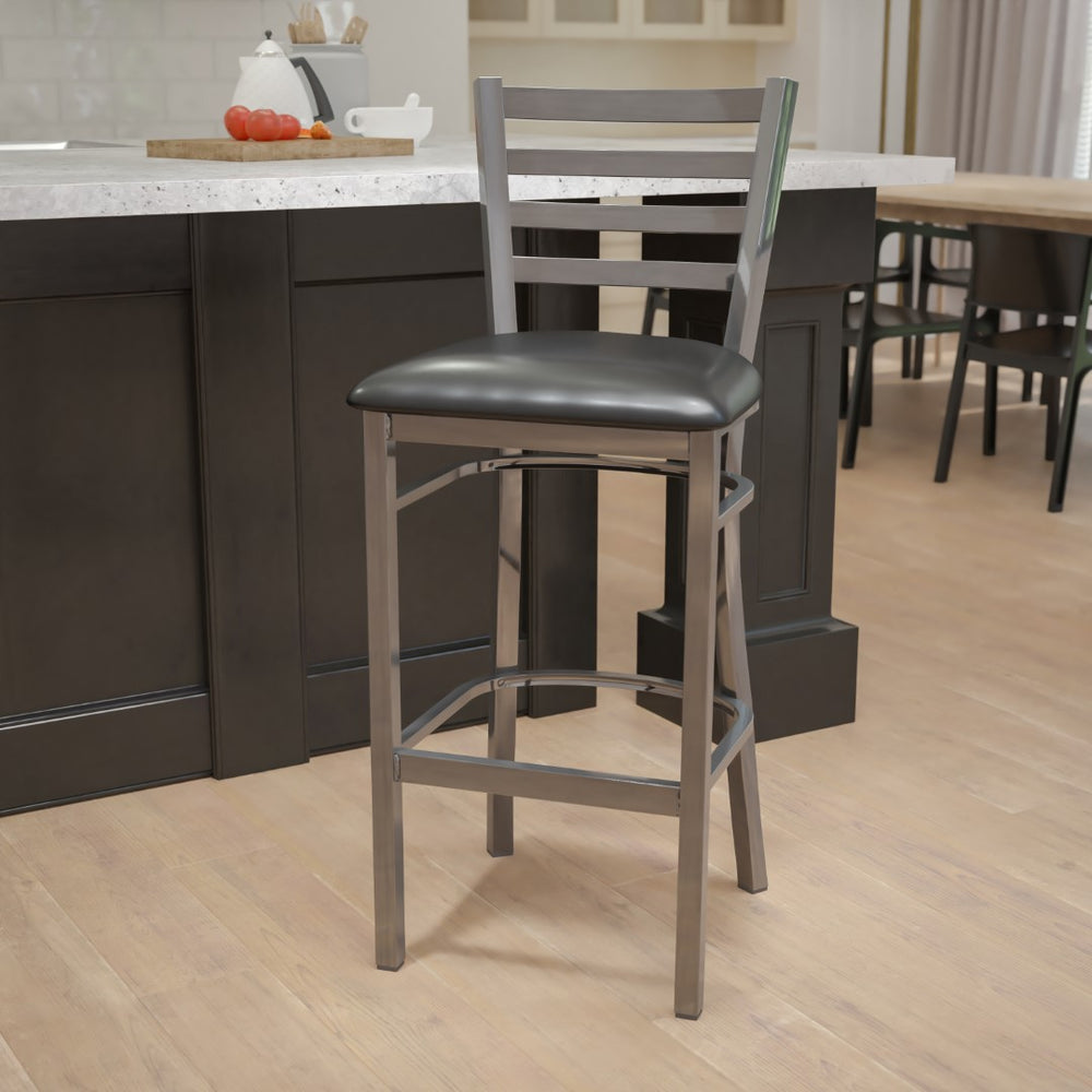 English Elm Commercial Grade Series Clear Coated Ladder Back Metal Restaurant Barstool - Vinyl Seat