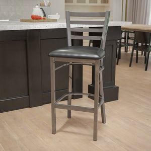 English Elm Commercial Grade Series Clear Coated Ladder Back Metal Restaurant Barstool - Vinyl Seat