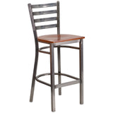 English Elm Commercial Grade Series Clear Coated Ladder Back Metal Restaurant Barstool - Cherry Wood Seat