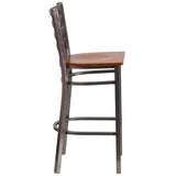 English Elm Commercial Grade Series Clear Coated Ladder Back Metal Restaurant Barstool - Cherry Wood Seat