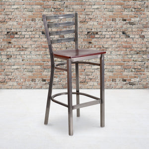 English Elm Commercial Grade Series Clear Coated Ladder Back Metal Restaurant Barstool - Mahogany Wood Seat