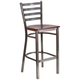 English Elm Commercial Grade Series Clear Coated Ladder Back Metal Restaurant Barstool - Mahogany Wood Seat