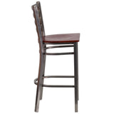 English Elm Commercial Grade Series Clear Coated Ladder Back Metal Restaurant Barstool - Mahogany Wood Seat