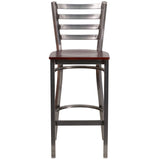 English Elm Commercial Grade Series Clear Coated Ladder Back Metal Restaurant Barstool - Mahogany Wood Seat